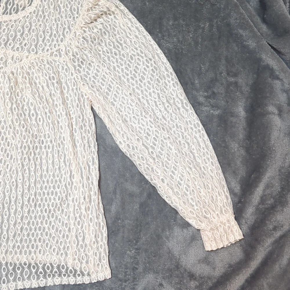 Zara Sheer Ivory Lace Romantic Cottagecore Flirty Balloon Sleeve Top Size Large